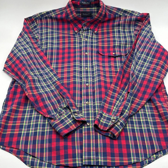 VINTAGE Gant Shirt Men Large Blue Red Fox Hunt Plaids Button Up Flap Pocket 90s - Picture 4 of 8
